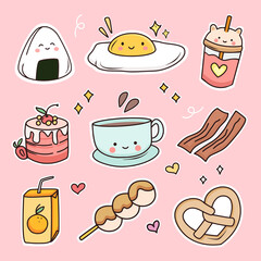 Cute breakfast food doodle sticker set vector