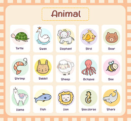 Animal flash card for kids learning design vector