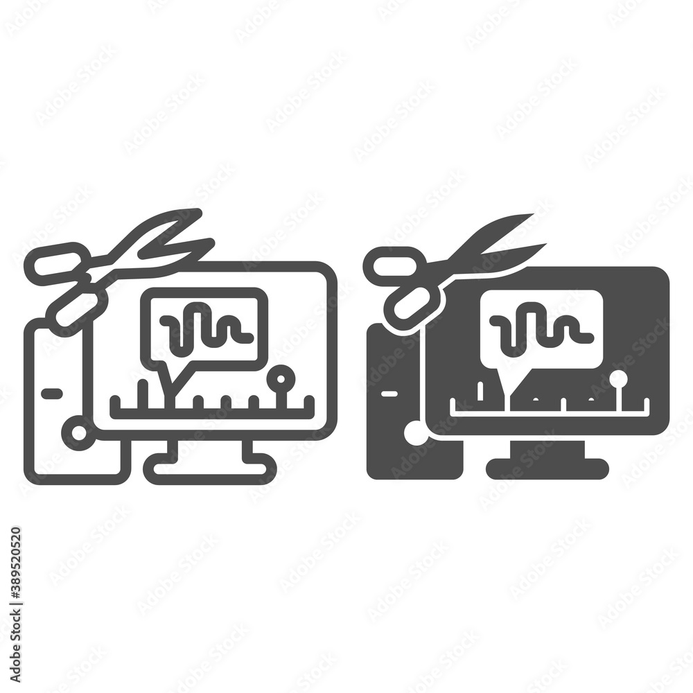 Poster cut audio in computer line and solid icon, sound design concept, sound editor software sign on white