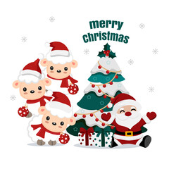 Christmas theme  Sheep wearing Santa cap hat.Vector illustration.