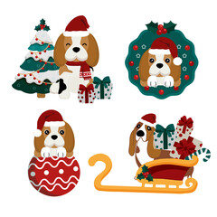 Christmas theme  Beagle wearing Santa cap hat.Vector illustration.