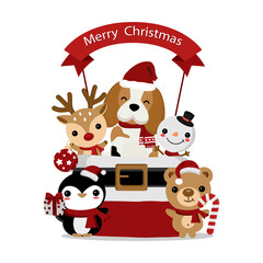 Obraz na płótnie Canvas Christmas theme Beagle wearing Santa cap hat.Vector illustration.