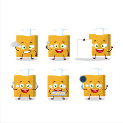 Cartoon character of yellow dice with various chef emoticons