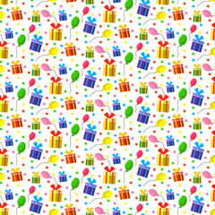 Pattern with gift boxes and balloons. Vector illustrations for packaging, fabric, scrapbooking, markets and decor. For New Years, Christmas, Birthday and other holidays.