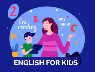 E-learning. Internet courses. Home schooling. English for children. Vector flat cartoon illustration for educational site.
