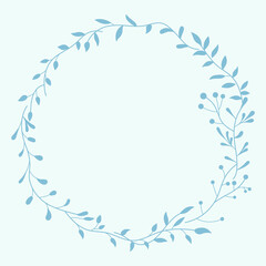 Fototapeta na wymiar Floral Wreath branch in hand drawn style. Floral round blue and sky-blue frame of twigs, leaves and flowers. Frames for the Valentine's day, wedding decor, logo and identity template.