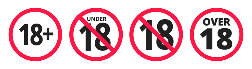 Under 18 forbidden round icon sign vector illustration set. Eighteen or older persons adult content 18 plus only rating isolated on white background.