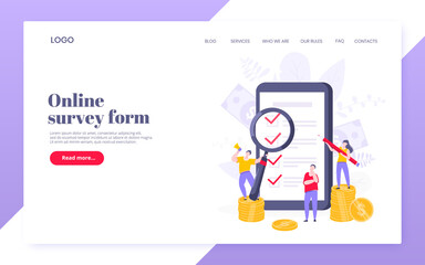 Online survey form or exam application on the phone screen, claim form, clipboard and tiny people working together. Internet questionnaire, online education quiz vector illustration web template.