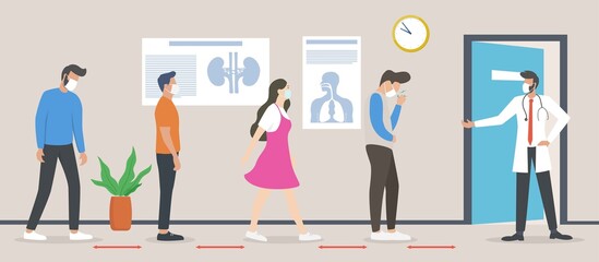 People in hospital hall, doctors and patients use face masks, Medical Worker Inviting mane for Check up, Vector illustration for clinic interior, medical help, healthcare, examination concept.