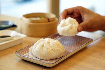 Steamed barbecue pork bun, Chinese dim sum traditional food style.