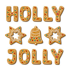 Christmas Gingerbread Holly Jolly phrase, bell, star. Homemade cookies