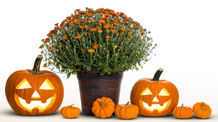 Carving pumpkins on Halloween. Jack O Lantern with burning candle inside. Happy Halloween. Scary night on October 31 Autumn flowers still-life.