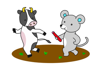 バトンリレーをする子（ネズミ）と丑（牛）