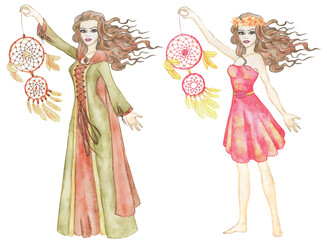 Obraz na płótnie Canvas Colorful set with dress up paper doll, body template, seasonal costumes and dress of summer and autumn concept, holding dreamcatcher isolated on white.