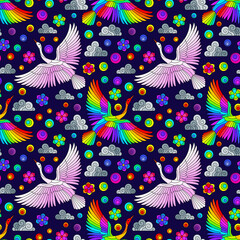 Seamless pattern with bright birds, clouds and flowers, bright birds on a dark blue background