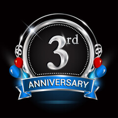 3rd anniversary logo with silver ring, balloons and blue ribbon. Vector design template elements for your birthday celebration.