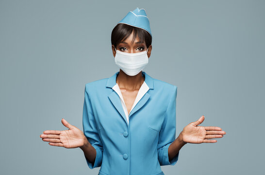 Young african stewardess wearing an antiviral mask on her face. Safety briefing.