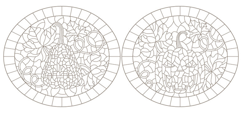 Set of contour illustrations of stained glass Windows on the theme of Halloween with pumpkins , dark contours on a white background, oval images in frames