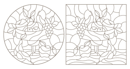 Set of contour illustrations in stained glass style with fruit still lifes, dark contours on a white background