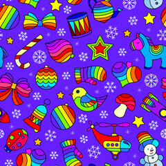Seamless pattern on the theme of New year and Christmas, bright Christmas tree toys and snowflakes on a purple background3753