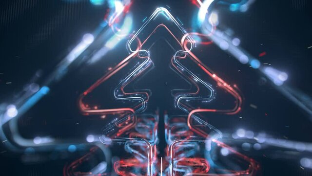Walkthrough neon christmas tree shapes. 3D render seamless loop animation
