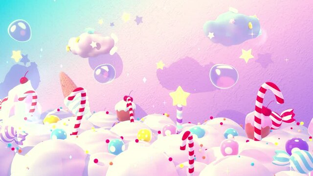 Looped horizontal scrolling background of sweet candy land animation.