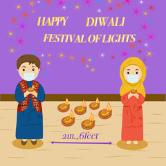 People stay keep social distancing for Diwali Festival and wearing mask for safe from coronavirus.vector illustration