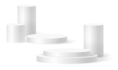Cylinder podium scene, winner pedestal. White cylinder template for showroom podium scene. Vector white pedestal for product presentation.