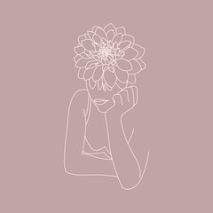 Line Art Woman face with flowers. Abstract minimal Female figure in a trendy linear style. Vector fashion illustration for posters, tattoos, logos, t-shirts prints