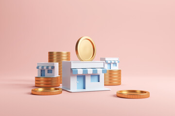 Coin in stores, Earning money with franchise business, 3d render.