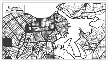 Havana Cuba City Map in Black and White Color in Retro Style. Outline Map.