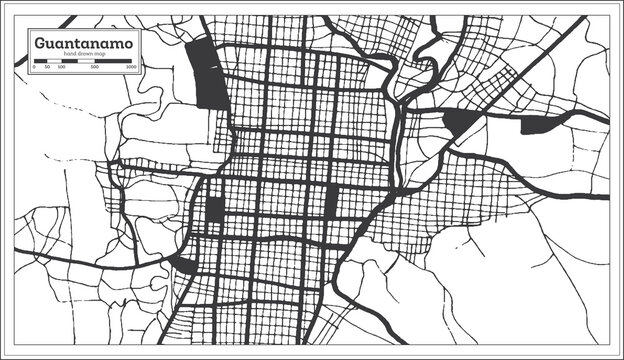 Guantanamo Cuba City Map in Black and White Color in Retro Style. Outline Map.