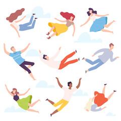 People Characters Flying and Floating in the Air Vector Illustration Set