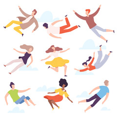 People Characters Flying and Floating in the Air Vector Illustration Set