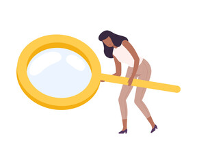 Woman with Big Magnifying Glass Searching for Information Vector Illustration