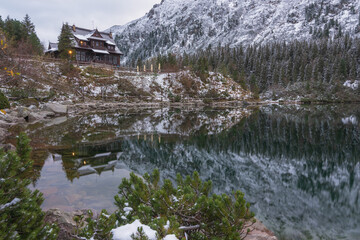 The first snow in the Polish Tatras on Lake Morske Oko