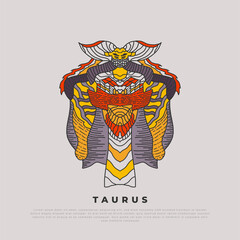 Half-Bull Man Illustration. Taurus artwork with abstract colorful ornaments. Taurus cartoon illustration