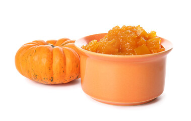 Bowl of tasty pumpkin jam on white background