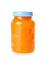 Jar of tasty pumpkin jam on white background