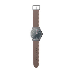 Analog watch. Flat vector illustration. A wrist watch with a brown strap. Isolated on white background.