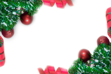 Christmas border with red bauble isolated on white background 