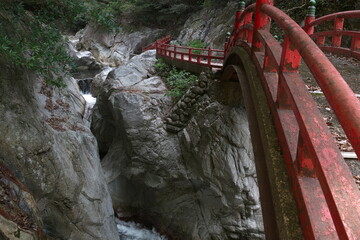 愛媛県湧ヶ淵のゴツゴツした岩と赤い手すりの遊歩道
