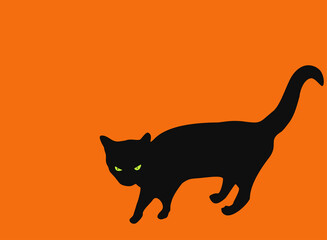 Black cat with green eyes on white background, Halloween vector flat design eps 10