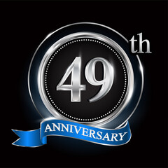 Fototapeta premium 49th anniversary logo with silver ring and blue ribbon.