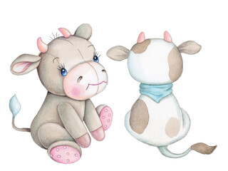 Cute cartoon bull (calf, cow) hand drawn with watercolor and pencils. Illustration, icon, card, design element. Isolated on white background.