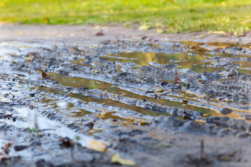 Black texture of mud  with water on the road