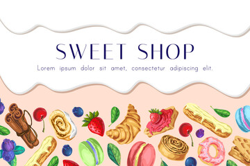 sweets shop vector background. dripping melted chocolate or cream with sweets, desserts and berries on pink backdrop. sweets, bakery, pastry horizontal banner with place for text. design template