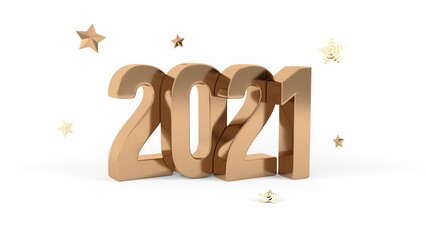 Gold 3d lettering 2021 isolated on a white background. 3D render.