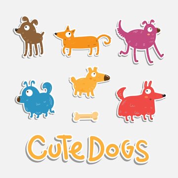 Set of cute cartoon dogs. Stickerpack with variety of puppies. Collection of funny animals.