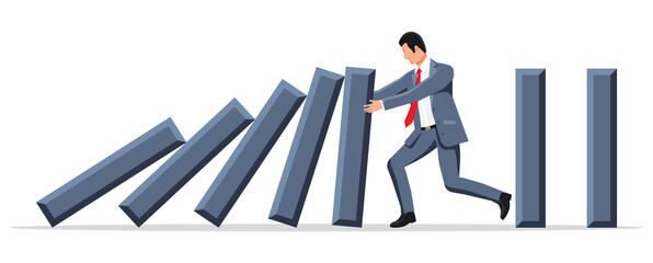 Businessman stopping domino effect. Business man stops falling dominoes. Finishing chain reaction. Successful intervention, solution. Cartoon flat vector illustration